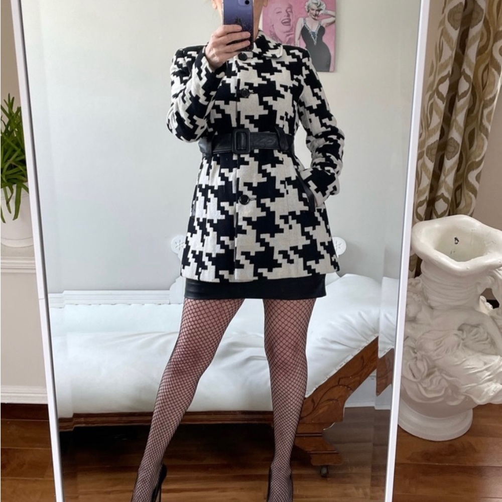 VIA SPIGA CREAM BLACK HOUNDSTOOTH COAT POCKETS FAUX LEATHER BELT SLIT LINED